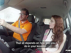 Redhead driving student fucks her instructor in the car