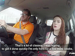 Redhead driving student fucks her instructor in the car