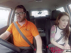 Redhead driving student fucks her instructor in the car