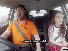 Redhead driving student fucks her instructor in the car