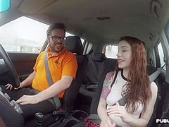 Redhead driving student fucks her instructor in the car