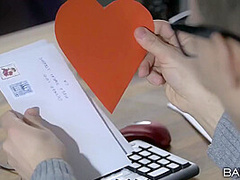 Bends Down In Front Of A Nerdy Dude In Office With Candy Alexa