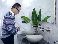 Bends Down In Front Of A Nerdy Dude In Office With Candy Alexa