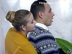 Bends Down In Front Of A Nerdy Dude In Office With Candy Alexa