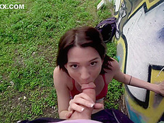 Cute Short Haired Teen Banged Outdoors