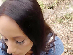 Outdoor Sex With Hunter Ends For Tanned Brunette With Cumshot