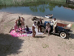 Four Busty Milfs In High Heels Get Fucked By 4 Men In Outdoor Orgy