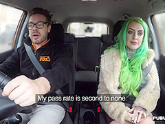 Curvy british driving student sucking dick in public