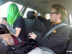 Curvy british driving student sucking dick in public