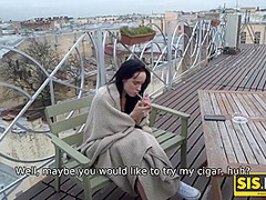 Juicy Leyla - Lovely Brunette Smokes A Cigarette And Sucks A Big Cock At Once