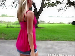 Lil Kelly on a walk outdoors having a great time by the lake