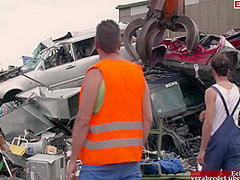 Redhead Milf With Big Silicone Tits And Tattoos Fucks Two Garbage Men In Junk