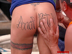 Redhead Milf With Big Silicone Tits And Tattoos Fucks Two Garbage Men In Junk