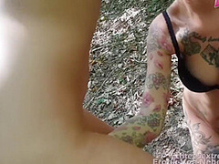 Beautiful Brunette Caughts Inked Couple Fucking Outdoor And Threesome