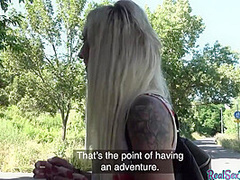 Pickedup blonde beauty blows fat shaft before public sex