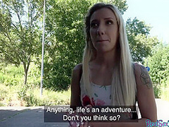 Pickedup blonde beauty blows fat shaft before public sex