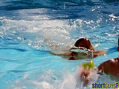 Busty lifeguards threeway pussyfucked by lil guy after bj