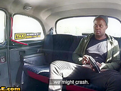 Taxi driving eurobabe rides black cock in both ways