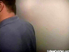 Petite blonde rides college cock at party