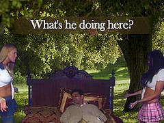 Two Naughty Chicks Suck Guy’s Dick Under A Tree In Park