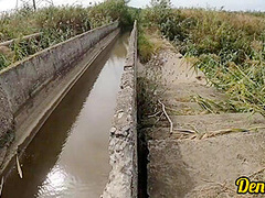 Cutie With Butt Plug And Jacket Glasses With Blue Hair Loves To Have Sex Sucking Dick On The River