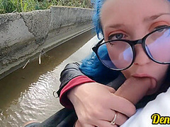 Cutie With Butt Plug And Jacket Glasses With Blue Hair Loves To Have Sex Sucking Dick On The River