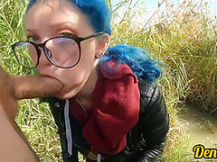 Cutie With Butt Plug And Jacket Glasses With Blue Hair Loves To Have Sex Sucking Dick On The River