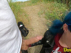 Cutie With Butt Plug And Jacket Glasses With Blue Hair Loves To Have Sex Sucking Dick On The River