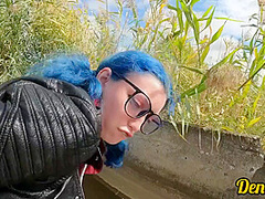Cutie With Butt Plug And Jacket Glasses With Blue Hair Loves To Have Sex Sucking Dick On The River