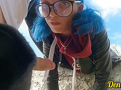 Cutie With Butt Plug And Jacket Glasses With Blue Hair Loves To Have Sex Sucking Dick On The River