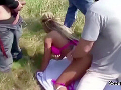 Busty Blonde Gang Banged Outdoors