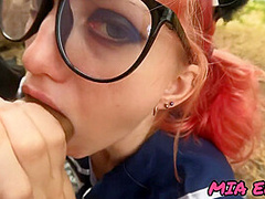 Cute Little Schoolgirl With Glasses Diligently Gives Blowjob And Facial