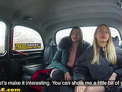 Taxi driving babe enjoys licking with sapphic passengers