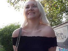 Pulled blonde pussy stuffed from behind before giving head