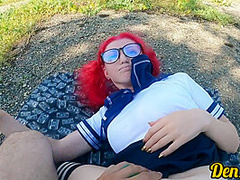 Cute Schoolgirl With Pink Hair In Glasses And Stockings Gives A Blowjob And Gets Anal Sex