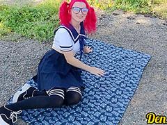 Cute Schoolgirl With Pink Hair In Glasses And Stockings Gives A Blowjob And Gets Anal Sex