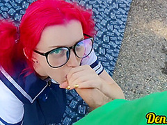 Cute Schoolgirl With Pink Hair In Glasses And Stockings Gives A Blowjob And Gets Anal Sex