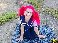 Cute Schoolgirl With Pink Hair In Glasses And Stockings Gives A Blowjob And Gets Anal Sex