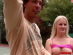 Threesome On A Tennis Court With A Slim Brunette And Blonde American Woman