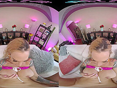 Inked up blonde with huge tits gets off with her toys in VR