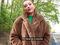 Pulled busty babe riding cock in POV after giving public bj