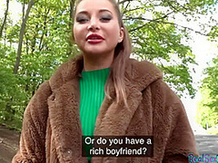 Pulled busty babe riding cock in POV after giving public bj