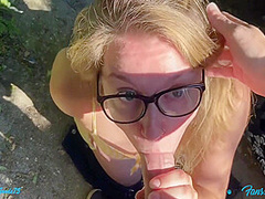 Blue Eyed Beauty Sucks His Dick In Public And Takes Massive Facial Before Going On A Cumwalk - Hannah Goode 8 Min