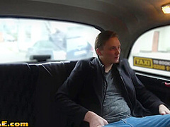 Smallboob blonde taxi driver rides passenger on a backseat
