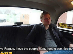 Smallboob blonde taxi driver rides passenger on a backseat