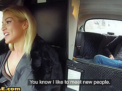 Smallboob blonde taxi driver rides passenger on a backseat