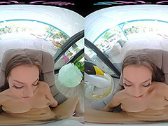 Fit brunette removes her bikini and masturbates in virtual reality