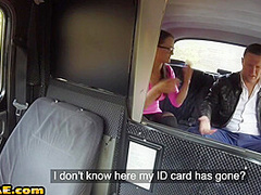 Bigboobs brunette cabbie rides passenger after giving bj