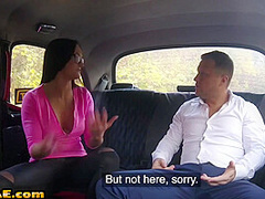 Bigboobs brunette cabbie rides passenger after giving bj