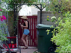 Hairy Long-legged Milf Masturbates Outdoor With Olive Glass